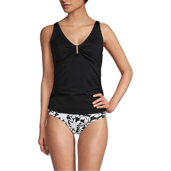 Land's End Tankini Shirred V Neck chlorine resist metal keyhole design Black M - Picture 1 of 7